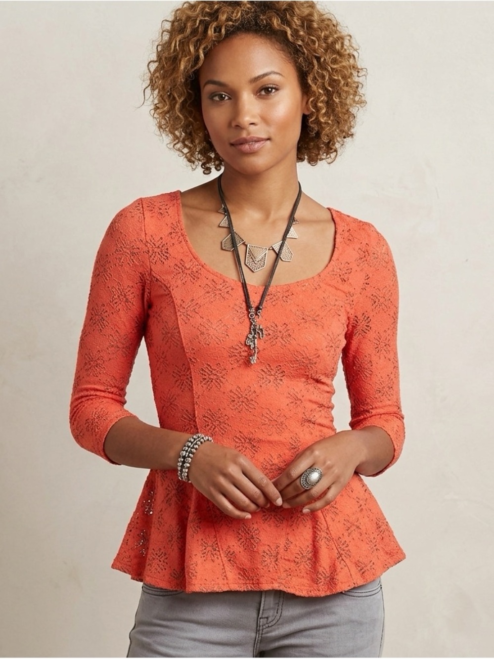 Free People Daisy Pointelle Lace Peplum Top